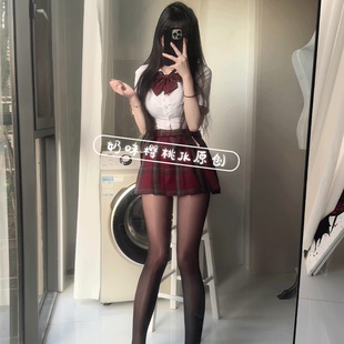 奶味樱桃正版原创玄jk红格裙半身裙子女夏季辣妹修身短袖制服套装