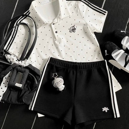 波点体操服jkpolo衫T恤上衣女学院风显瘦短袖短裤运动排球服套装