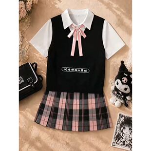 粉雾海/原创JK制服正版格裙套装女学院风针织背心马甲衬衫上衣