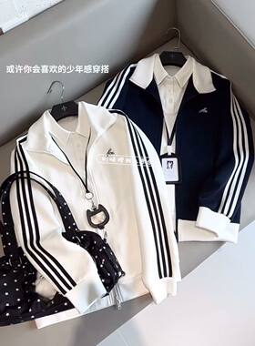立领学院简约拼色字母开衫卫衣女
