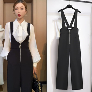 高级感背带裤女春秋2025新款显瘦高腰垂感阔腿西装裤黑色连体裤子