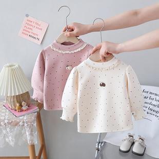 儿童冬装女童加绒加厚打底衫半高领婴儿内搭女宝宝蕾丝长袖上衣潮