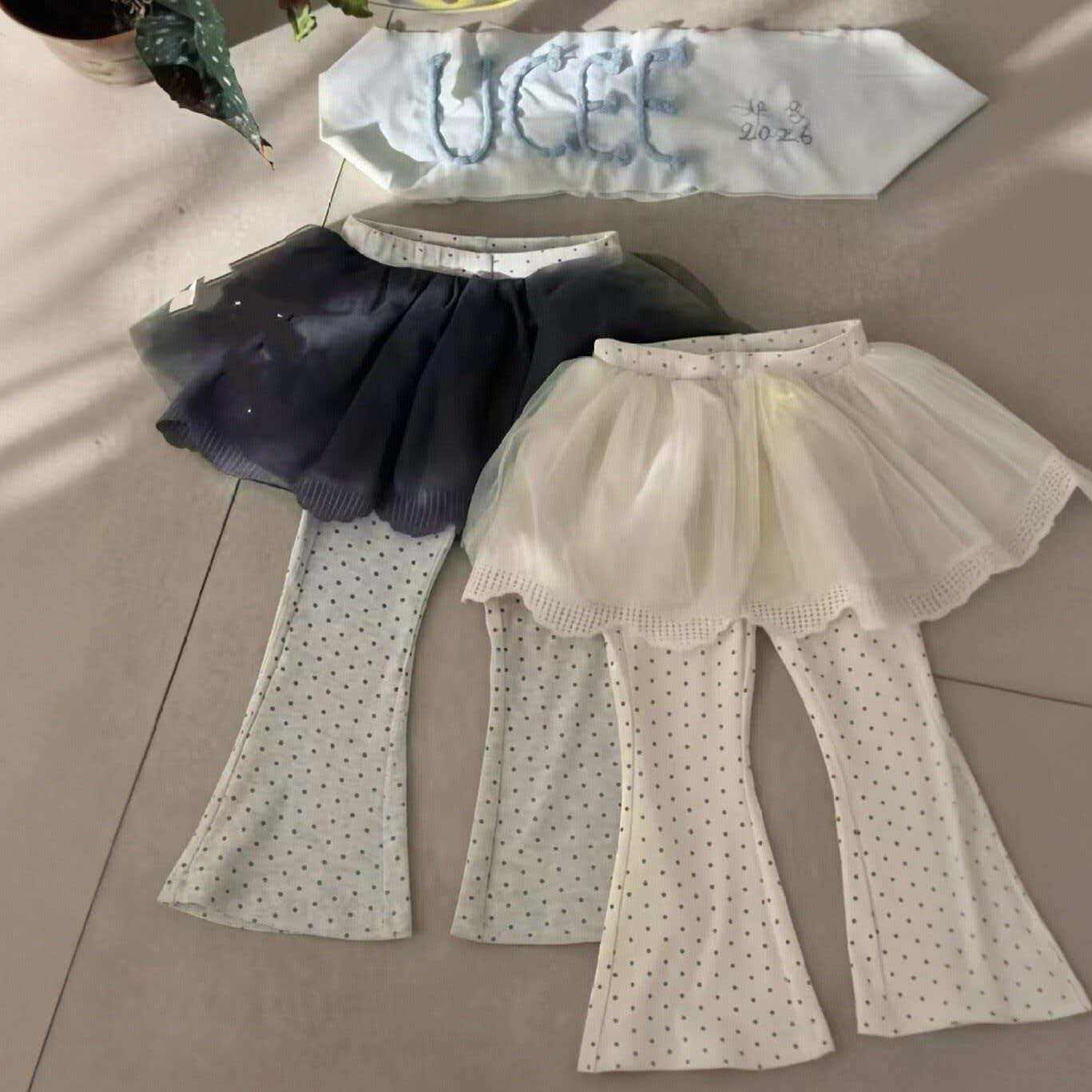 女童网纱拼接波点喇叭裤女宝宝洋气打底裤春秋新款小女孩裙裤秋装