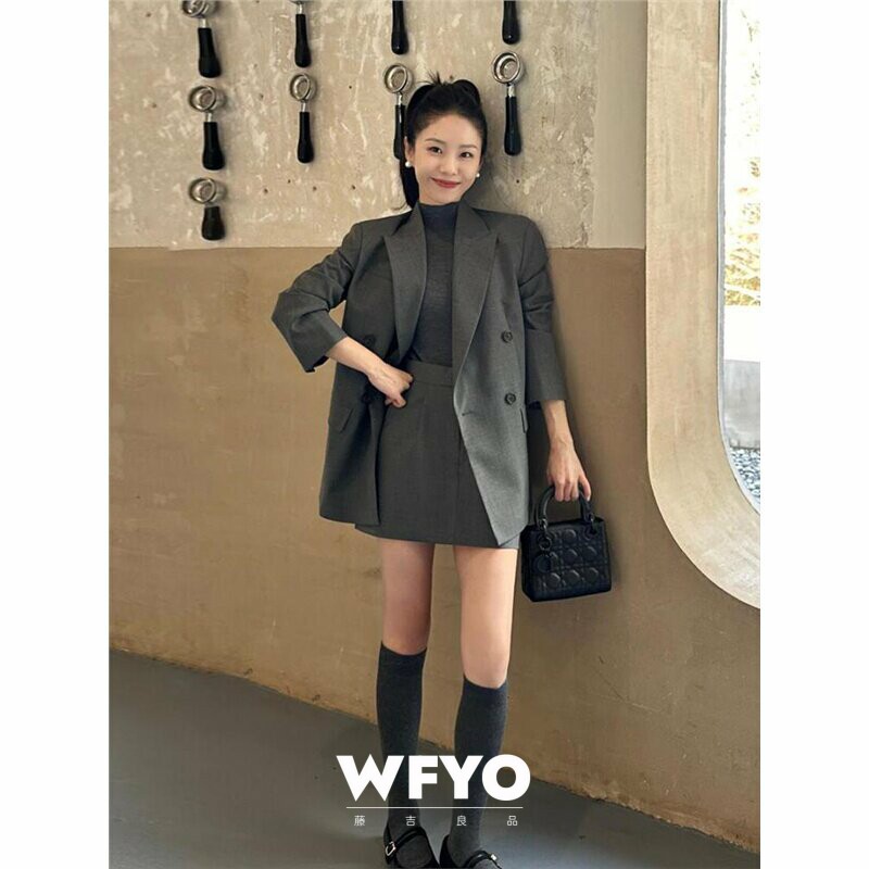 WFYO/2026春秋新款灰色翻领西装外套半身裙高级感超好看两件套装
