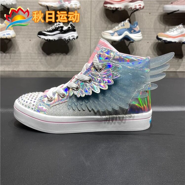 Skechers斯凯奇女童鞋闪钻闪灯鞋中帮梦幻反光翅膀短靴子 314401L