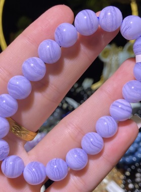 天然 蓝纹（蕾丝）玛瑙圆珠手链 天蓝色条纹蓝玛瑙手链