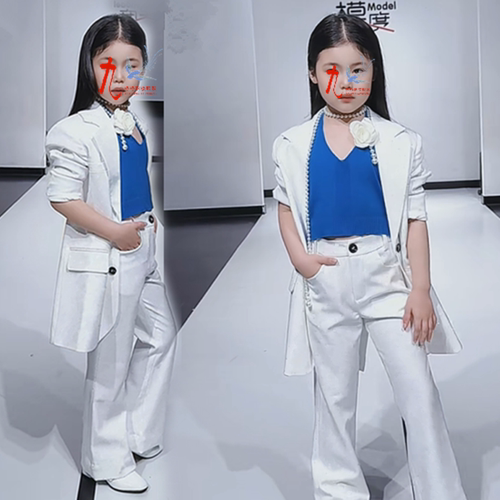 唱歌比赛白色西装套装主持人女童礼服T台走秀大赛演出服儿童服装