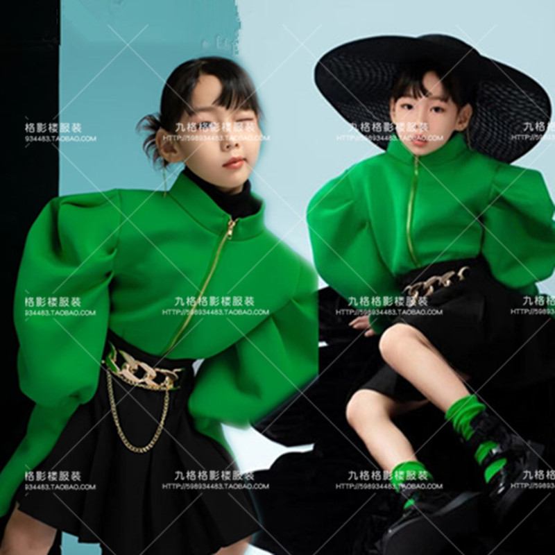 女童绿色潮服舞台走秀儿童演出服少儿模特大赛战队表演服装