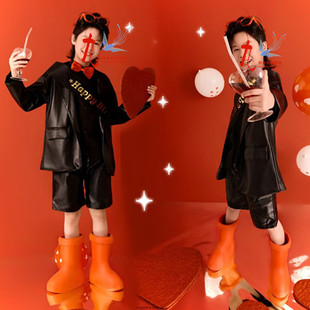 舞台走秀男童皮衣机车服少儿模特大赛T台MOKA演出服比赛儿童服装