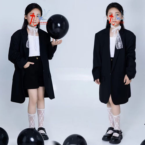 唱歌比赛女童黑色西装裙主持人礼服模特T台走秀大赛儿童演出服潮