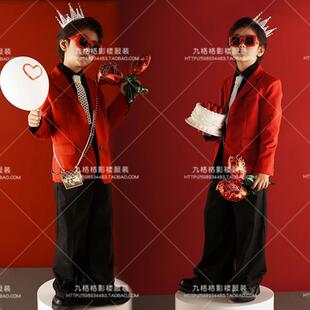 男童红色西装套装主持人西服派对生日礼服潮童舞台走秀儿童演出服