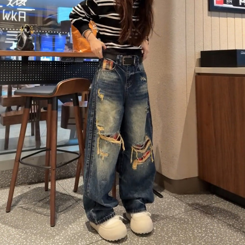 大码显瘦阔腿假破洞牛仔裤女