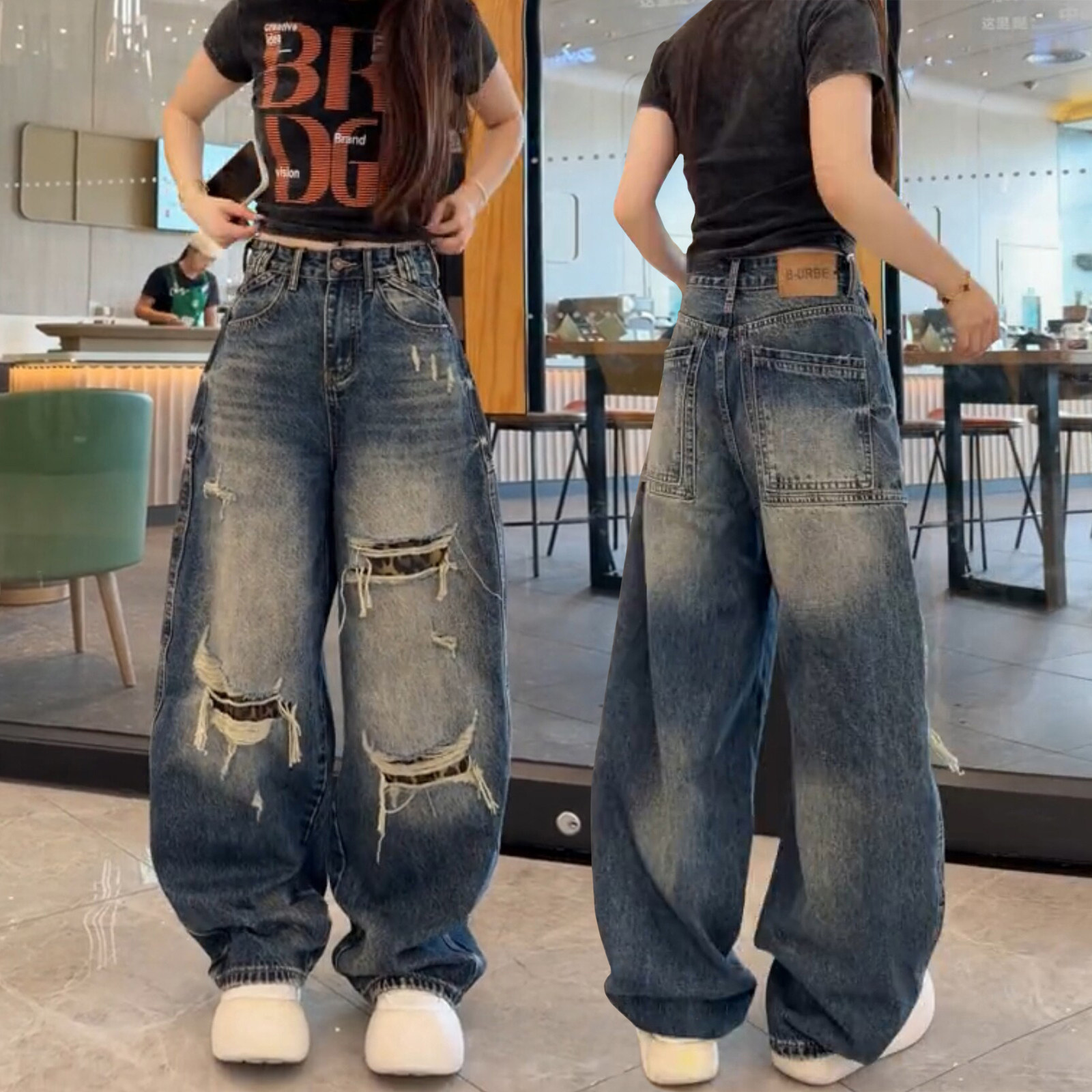 大码美式弯刀牛仔裤女秋季2026新款胖mm显瘦宽松假破洞直筒阔腿裤