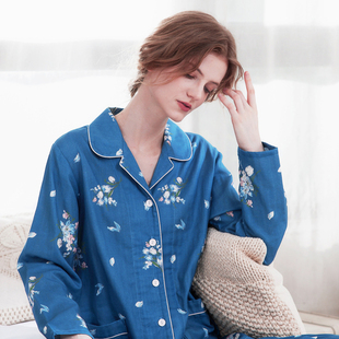 领可爱甜美清新家居套装 睡衣女直贡纯棉印花衬衫 罗丝美12246秋季