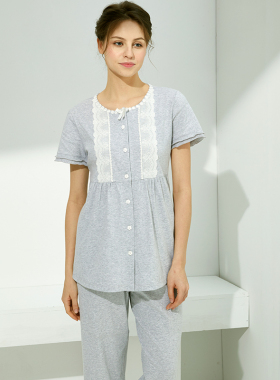 伊丝芬女睡衣春夏纯棉新品微弹针织棉短袖长裤灰色31062家居服套