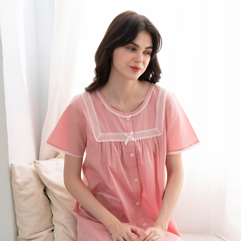 伊丝芬中长款女荷叶边休闲甜美睡裙棉短袖纯色花边圆领绿色家居服