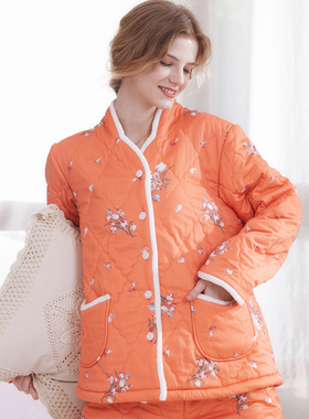 罗丝美12280纯棉直贡睡衣女法兰绒内里加厚保暖夹棉衣裤家居服套