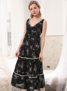 罗丝美睡衣女纯棉无袖睡裙中长款梭织全棉家居服19夏季新品19036