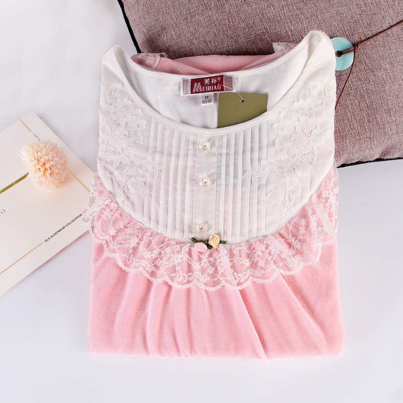 美标甜美女士长袖睡袍秋冬圆领天鹅绒中长款保暖纯色蕾丝家居睡裙