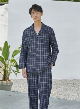 美标55288专柜秋冬新纯棉磨毛男士睡衣条纹格子牛仔蓝家居服套装