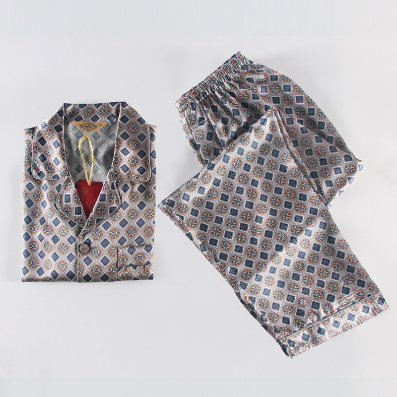 美标专柜春秋高级桑蚕真丝男睡衣薄款长袖翻领时尚喷绘丝滑家居服