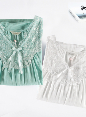 罗丝美15058纯棉双层纱柔软夏季睡衣女精美蕾丝套头短袖家居服薄