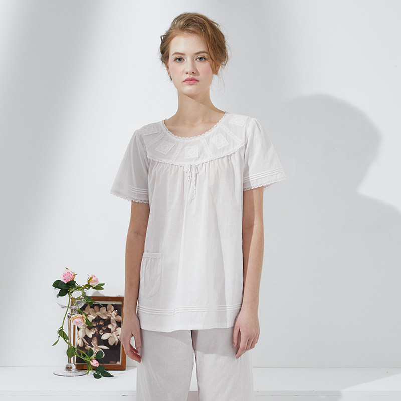 伊丝芬60支棉直贡睡衣荷叶边简约夏季短袖短裤圆领薄款白色家居服