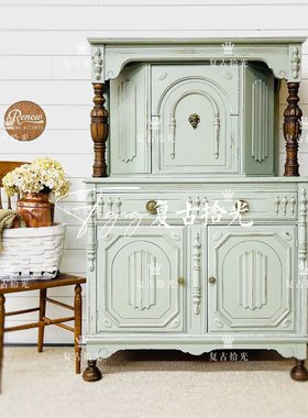 复古拾光 法式复古风实木玄关柜 绿色雕花双门储物柜落地式装饰柜