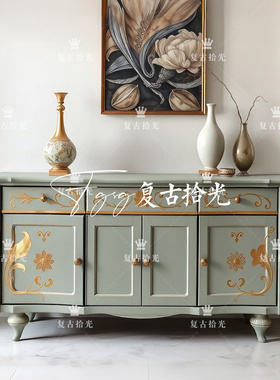 复古拾光 法式复古风实木灰色彩绘玄关柜 客厅储物柜 装饰柜 桦木