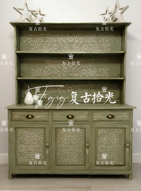 复古拾光 法式复古风彩绘餐边柜 绿色实木储物柜 客厅收纳柜定制