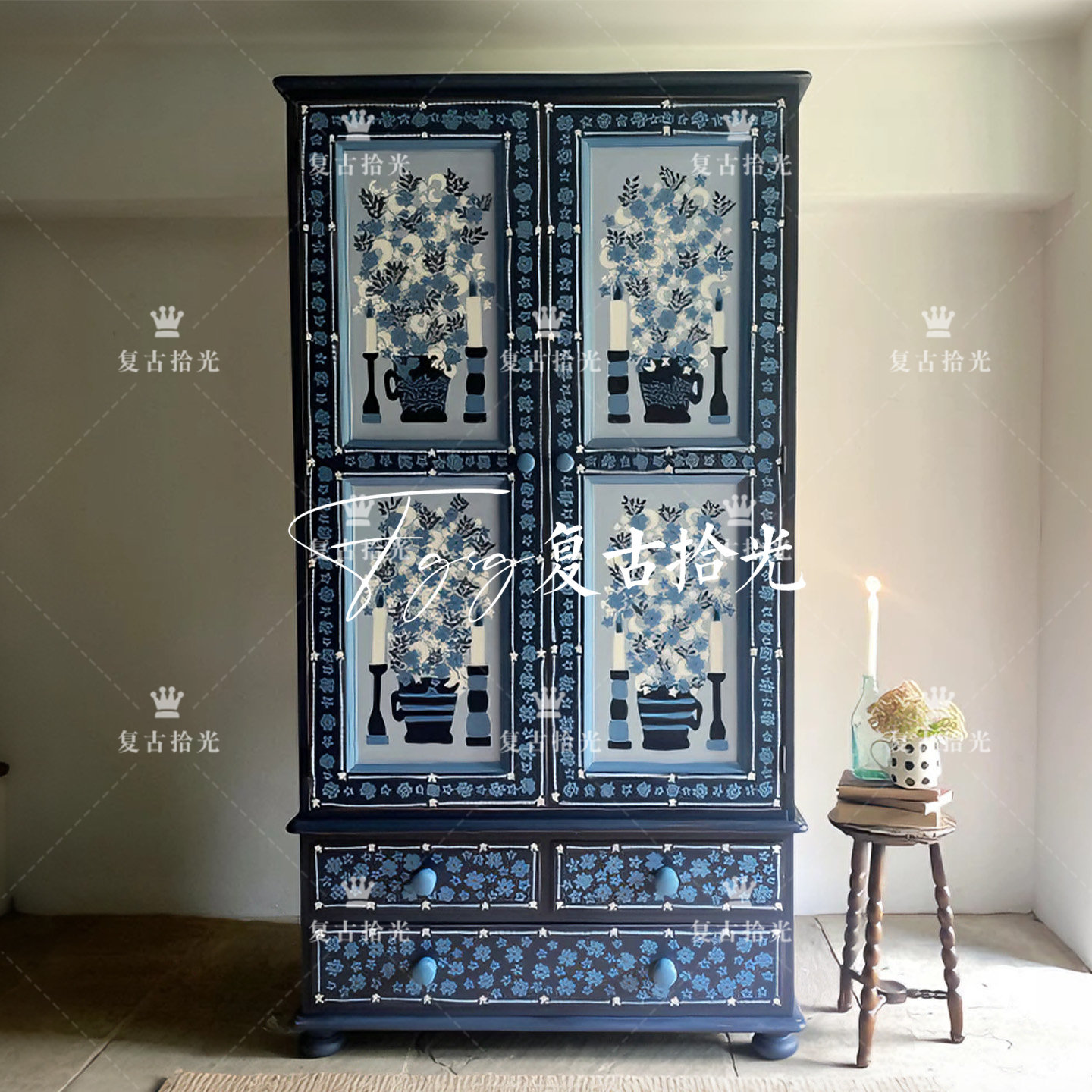 复古拾光 法式复古青花瓷门板独立衣柜 卧室实木大衣橱收纳储物柜