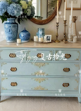 复古拾光 法式复古玄关柜 浅蓝色雕花玄装饰柜 实木储物柜可定制