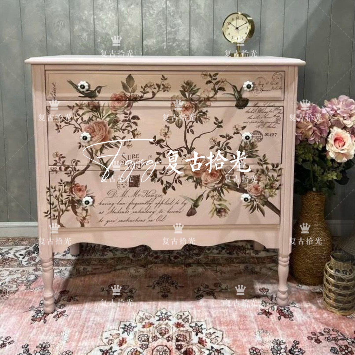 法式复古花卉彩绘三斗柜床头柜