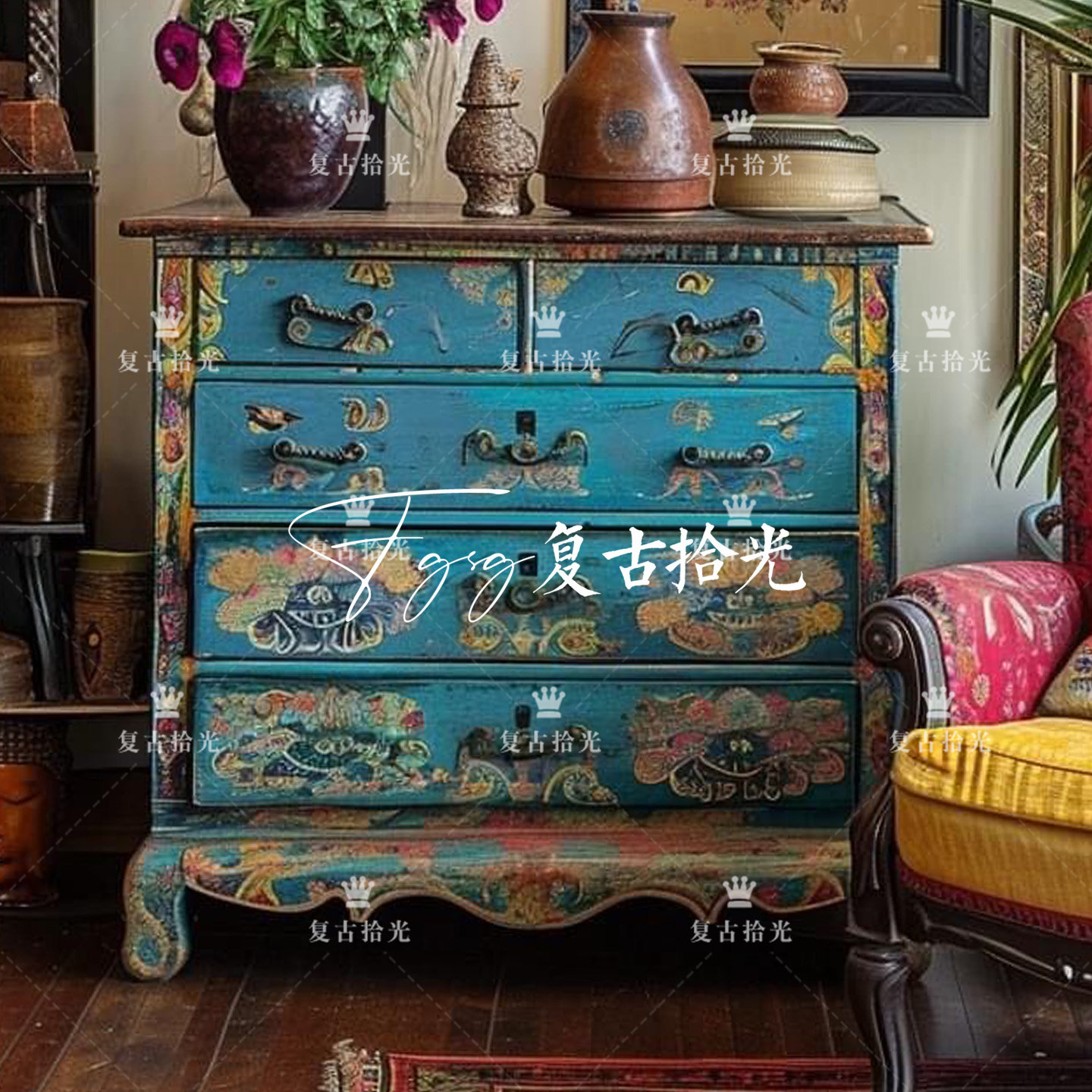 复古拾光 法式复古风彩绘花鸟五斗柜 实木玄关柜 多抽屉收纳柜,住宅家具,门厅/玄关柜/玄关架,淘宝优惠券,粉丝福利购,淘宝优惠卷