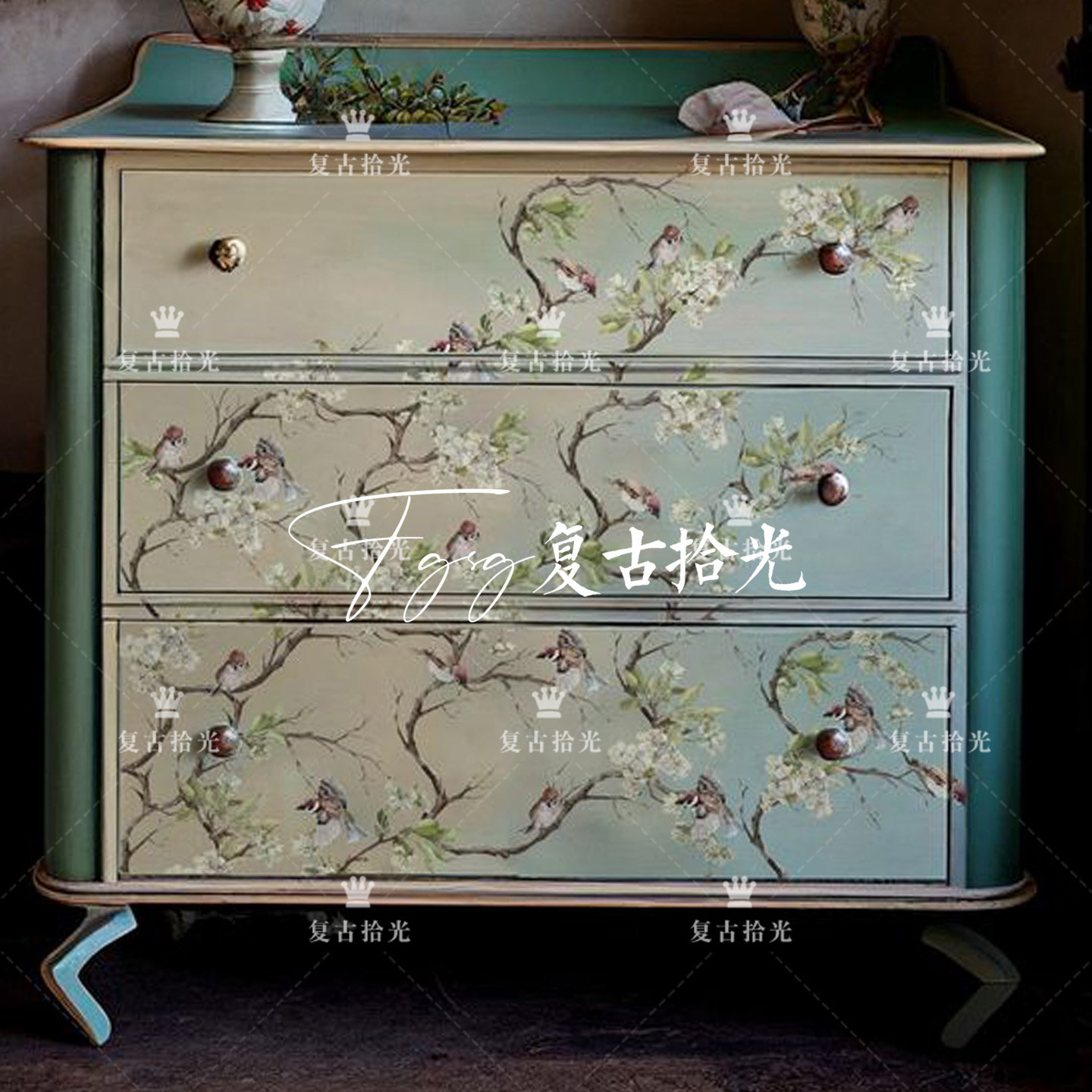 复古拾光 法式复古风花鸟图案实木玄关柜 斗柜 储物柜 家用装饰柜,住宅家具,门厅/玄关柜/玄关架,淘宝优惠券,粉丝福利购,淘宝优惠卷