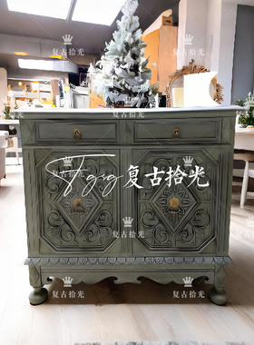 复古拾光 法式复古风雕花双门玄关柜 黑色实木储物柜 家用装饰柜