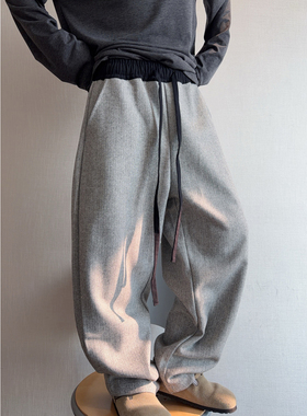 dannyandzee冬季复古百搭保暖浅灰色人字纹呢料休闲裤飘带裤男INS