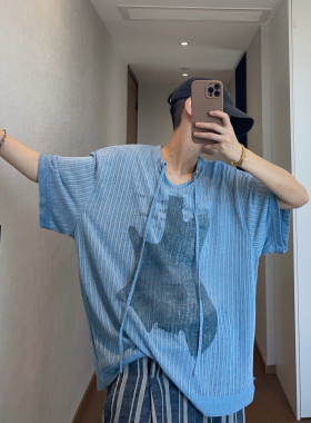 dannyandzee夏季宽松浅蓝色半透V领吉他印花薄款短袖T恤男半袖TEE