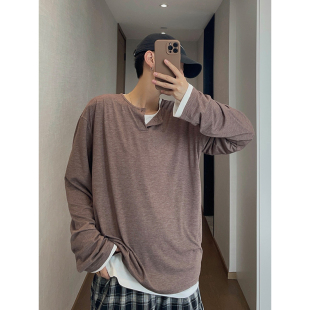 T恤男薄款 dannyandzee秋季 复古纯色百搭三色一粒扣叠穿打底长袖