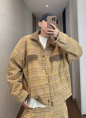 dannyandzee秋冬复古撞色饼干色彩色格子帆布颗粒绒保暖厚外套男
