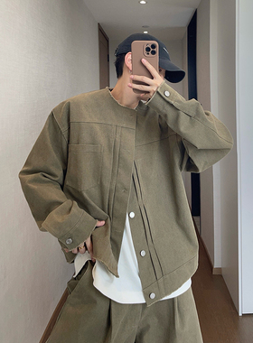 dannyandzee春季复古重水洗毛边军绿色做旧工装夹克外套男