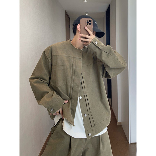 dannyandzee秋冬复古重水洗毛边军绿色做旧工装夹克外套男