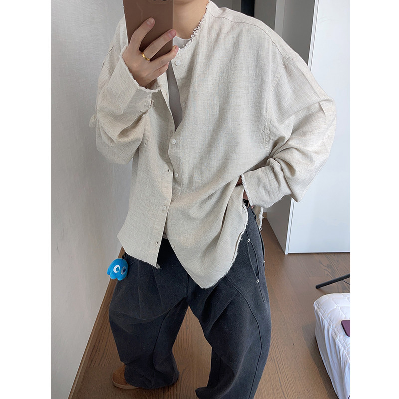 dannyandzee夏季复古百搭慵懒毛边亚麻莱赛尔长袖防晒衬衫衬衣男