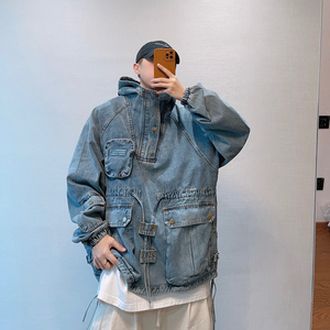 dannyandzee秋季潮牌复古水洗做旧重磅工装连帽牛仔夹克外套男INS