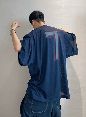 dannyandzee夏季复古宽松运动网眼镂空数字印花大短袖T恤男情侣