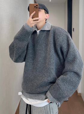 dannyandzee冬季复古百搭宽松慵懒灰色假两件V领撞色针织毛衣男