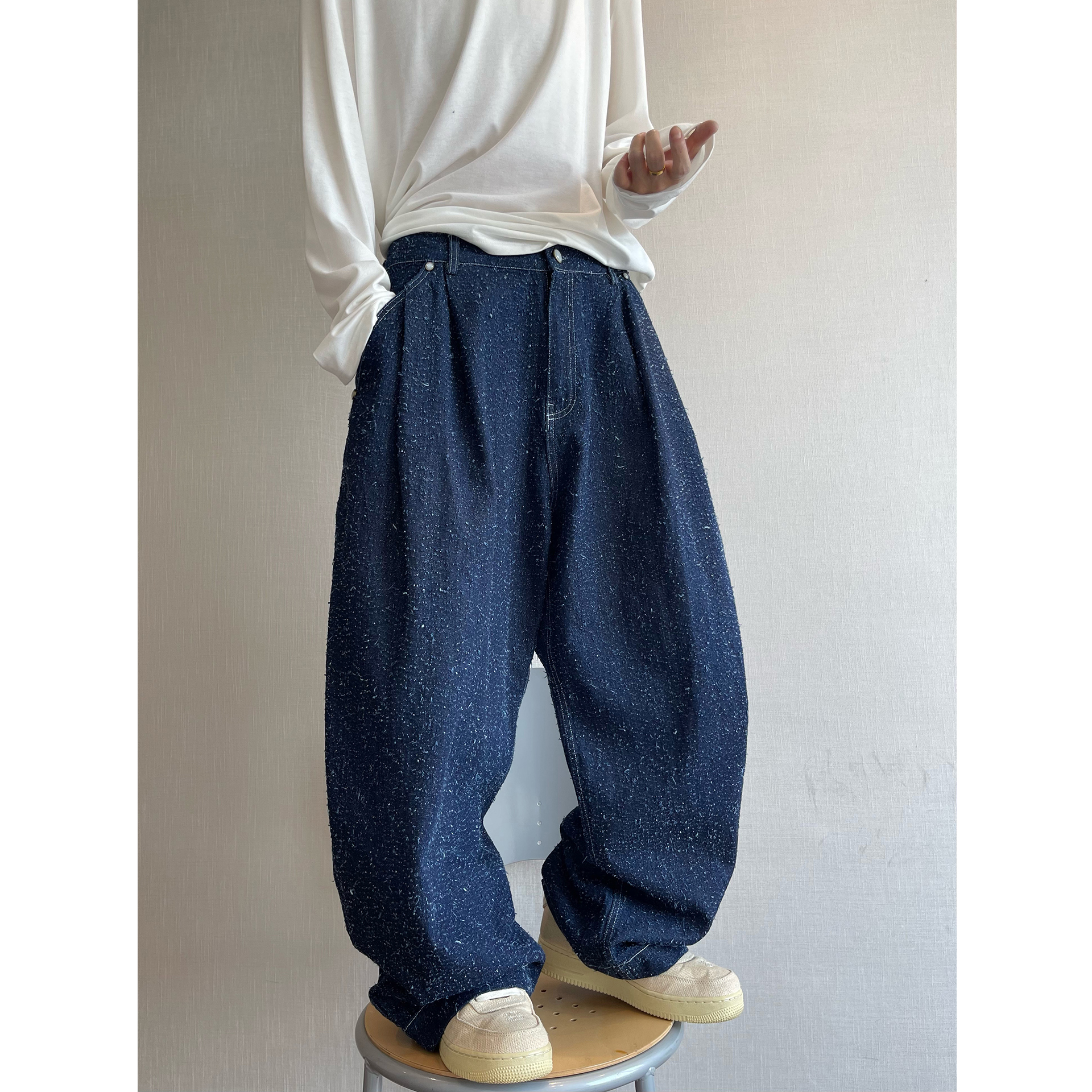 dannyandzee秋季复古百搭宽松廓形铆钉满天星勾花牛仔裤阔腿裤男