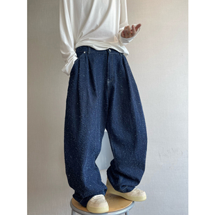 男 阔腿裤 dannyandzee秋季 复古百搭宽松廓形铆钉满天星勾花牛仔裤