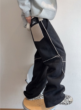 dannyandzee冬季复古重磅加绒加厚保暖耐脏黑色皮毛一体休闲裤男