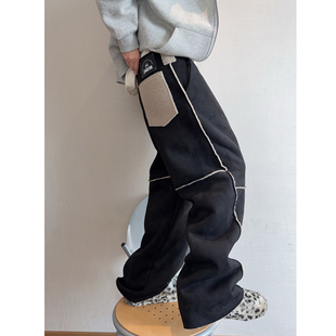 dannyandzee冬季 男 复古重磅加绒加厚保暖耐脏黑色皮毛一体休闲裤